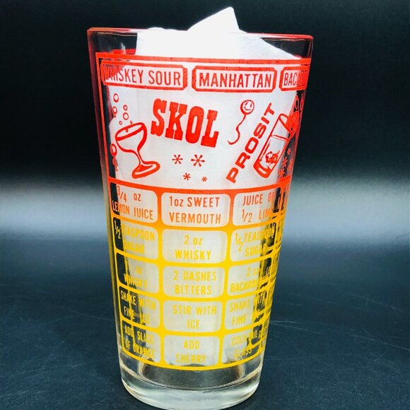 Mid Century Federal Glass Cocktail Shaker Bottom Recipes Ombre Red to Yellow - Picture 2 of 12